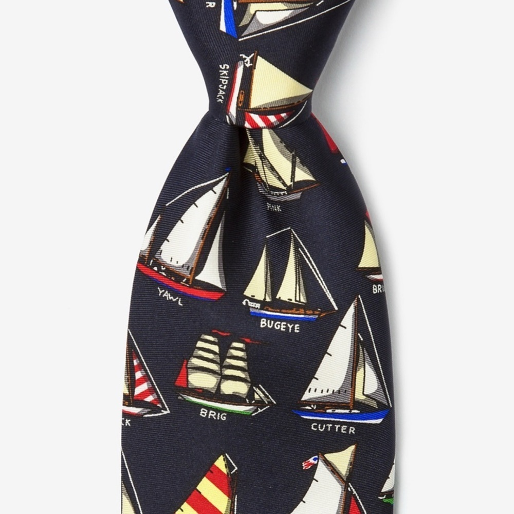 Alynn Neckwear “Name That Boat” Tie Eric Holch Silk Necktie Sailboats navy blue